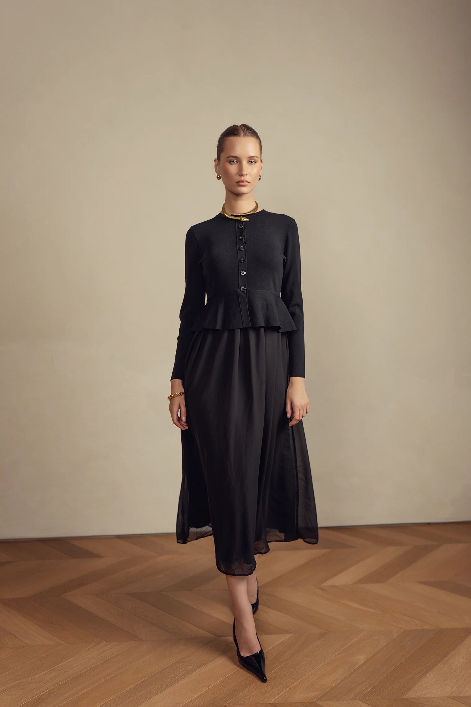Bliss Peplum Chiffon Dress Black