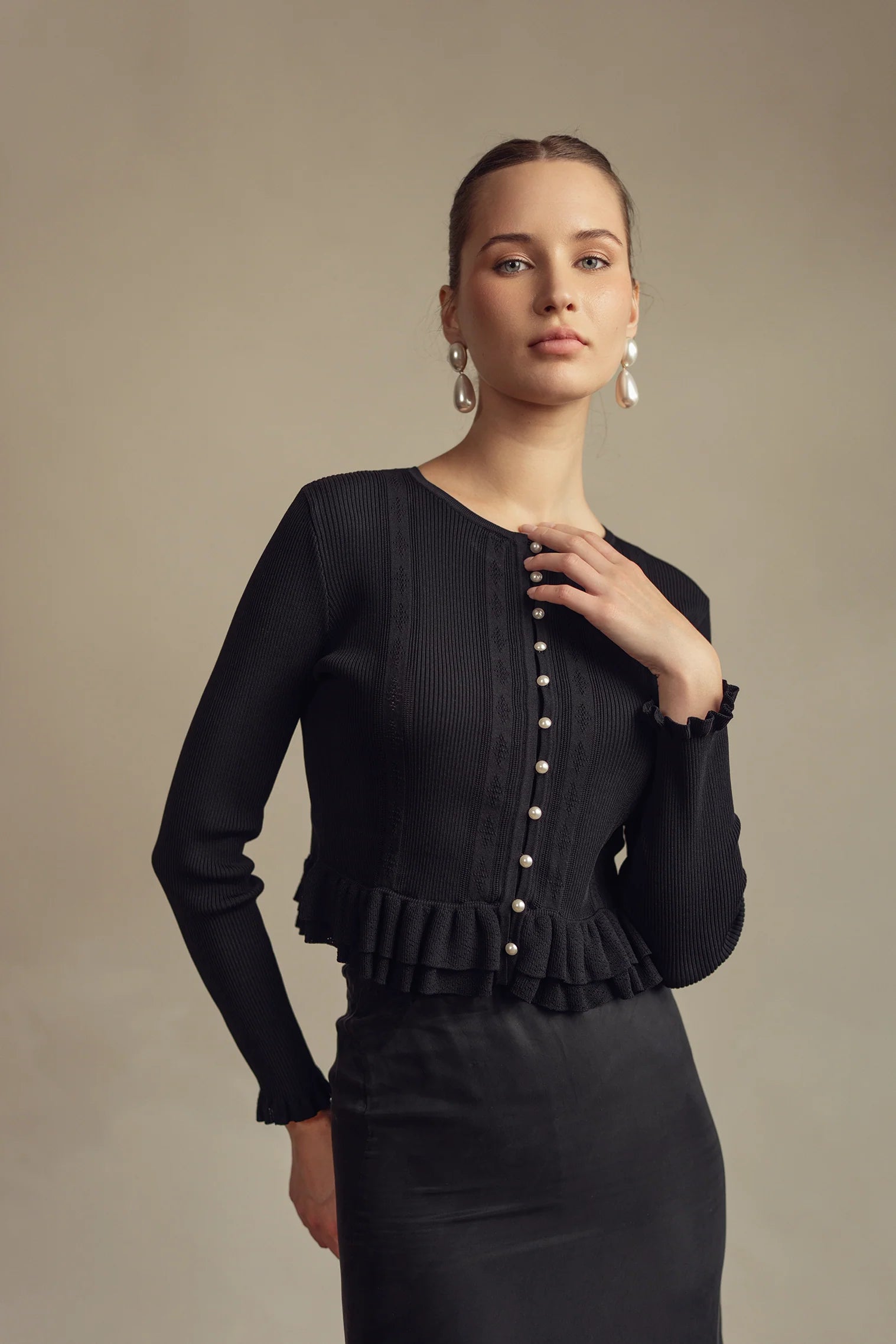 Bliss Pointelle Ruffle Cardi Black