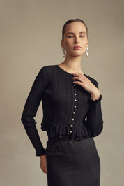 Bliss Pointelle Ruffle Cardi Black