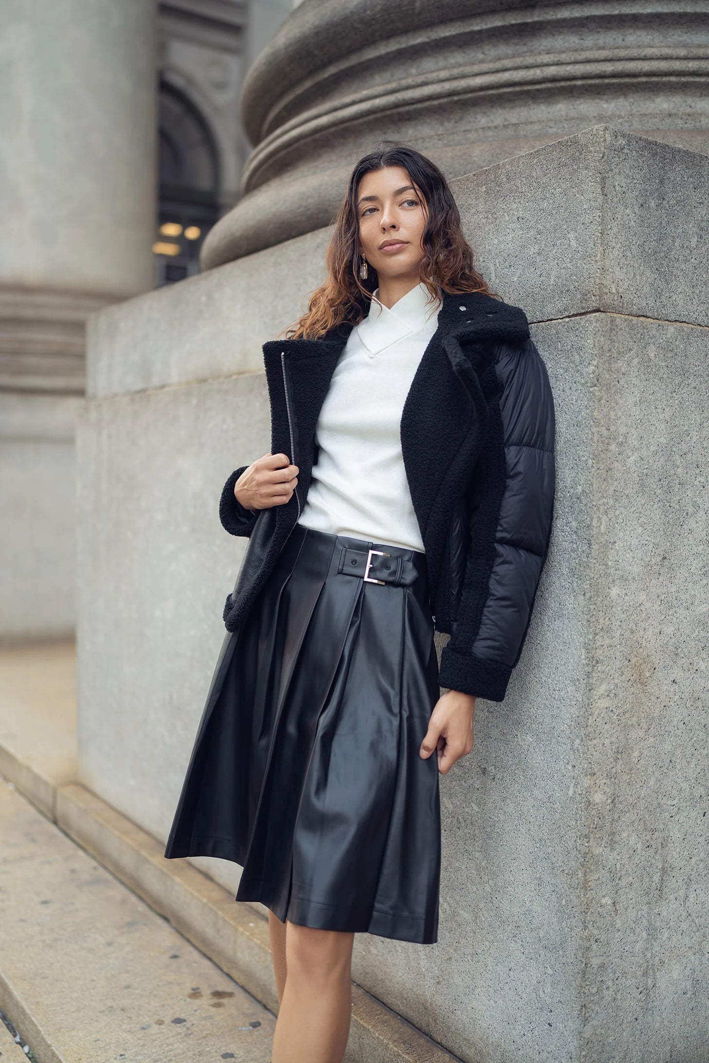 Leather Buckle Pleat Skirt