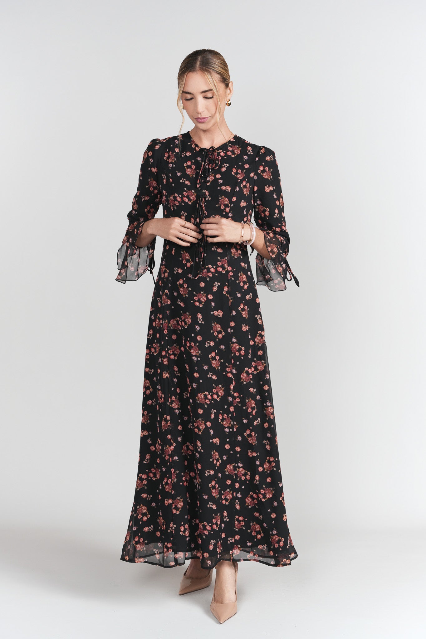 Ella Dress- Black with Red Flowers
