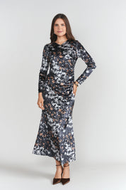 Side Ruched Velvet Dress- Brown and Black Floral