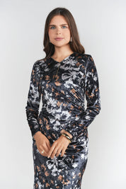 Side Ruched Velvet Dress- Brown and Black Floral