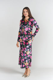 Side Ruched Velvet Dress- Winter Blossom
