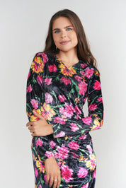 Side Ruched Velvet Dress- Winter Blossom