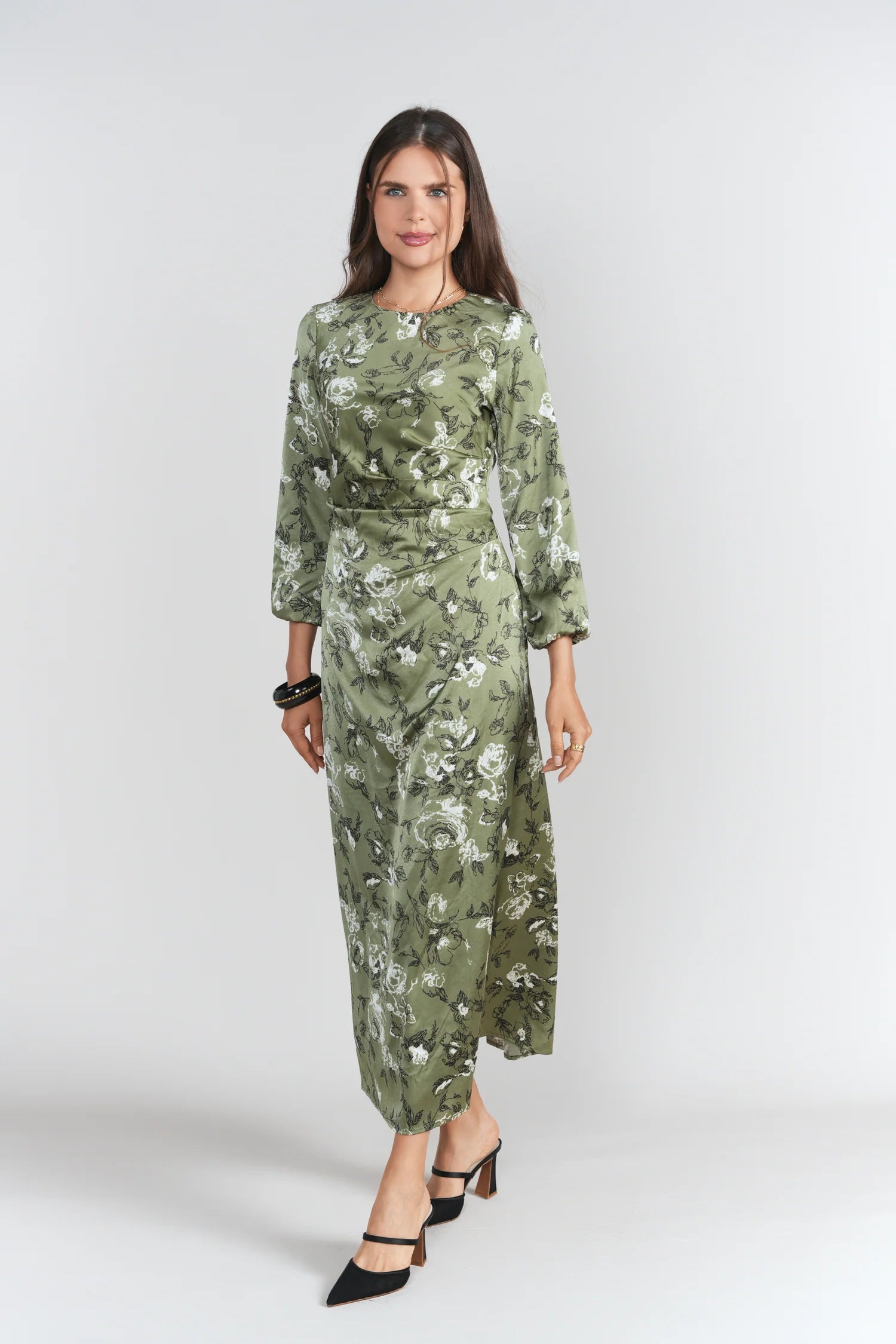 Side Ruched Dress- Soft Olive and Roses