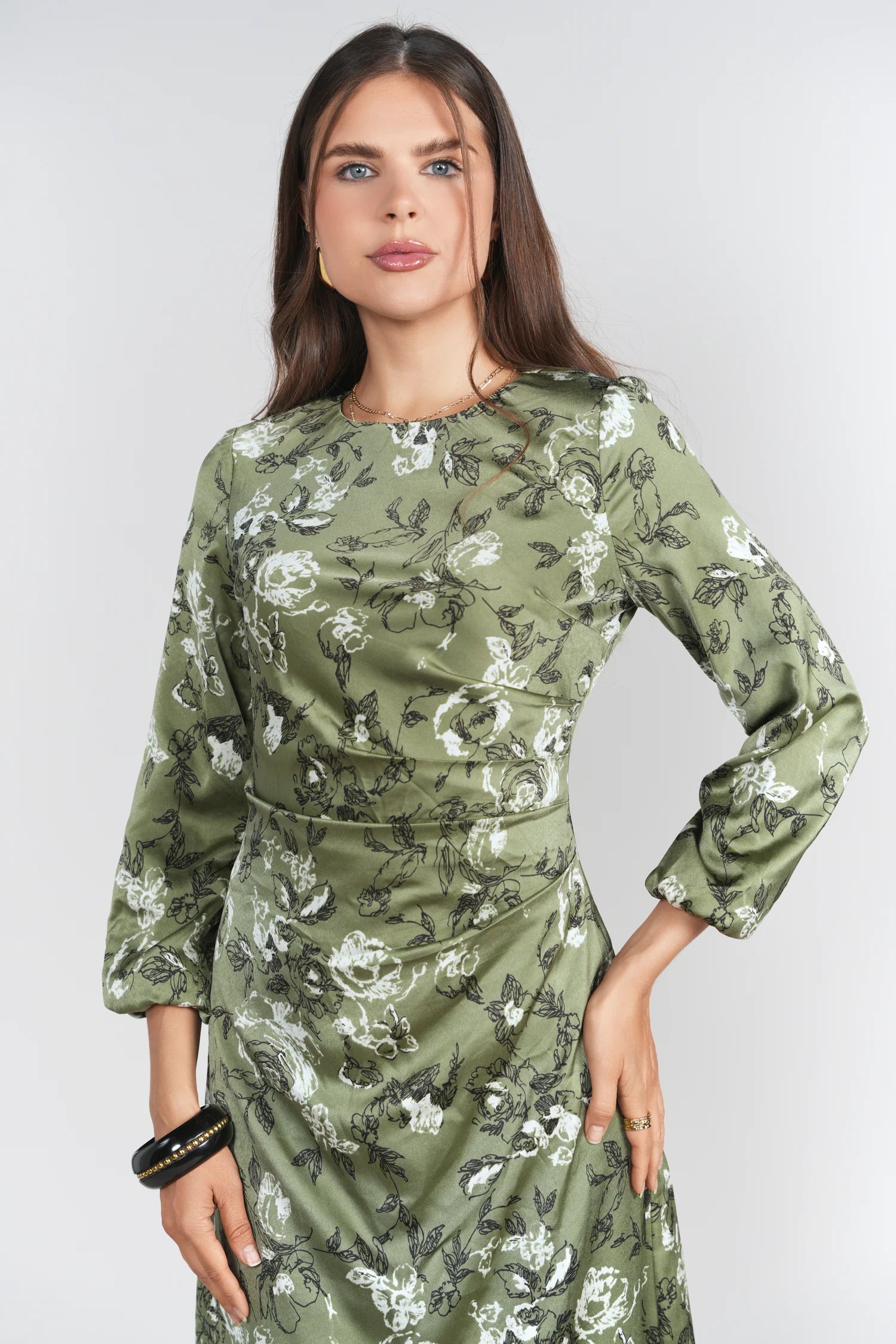 Side Ruched Dress- Soft Olive and Roses
