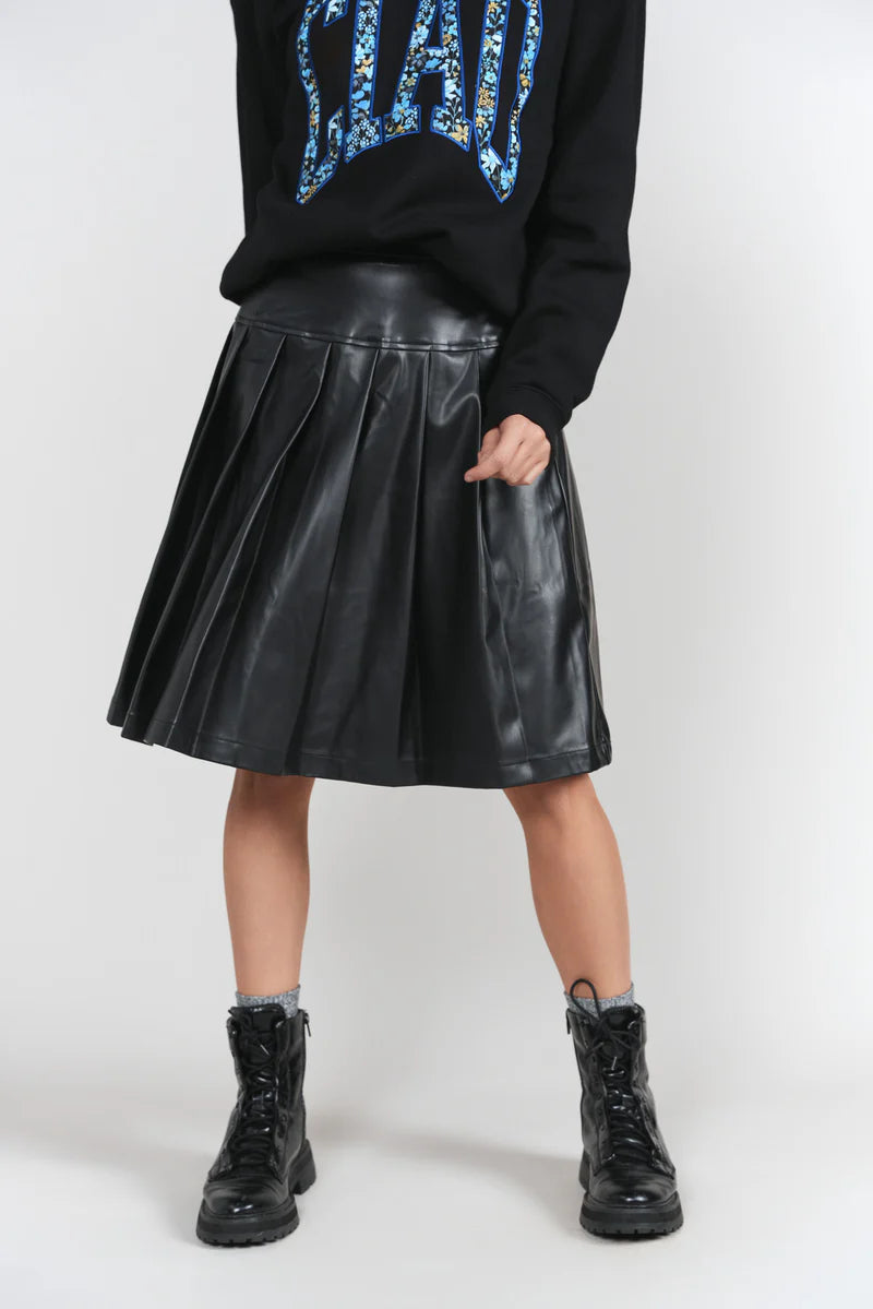 Drop Waist Leather Pleated Skirt- Black