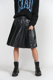 Drop Waist Leather Pleated Skirt- Black
