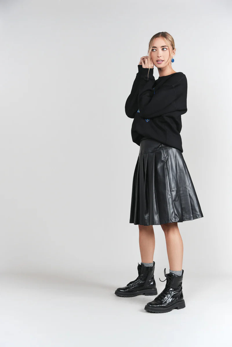 Drop Waist Leather Pleated Skirt- Black