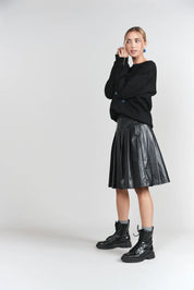 Drop Waist Leather Pleated Skirt- Black