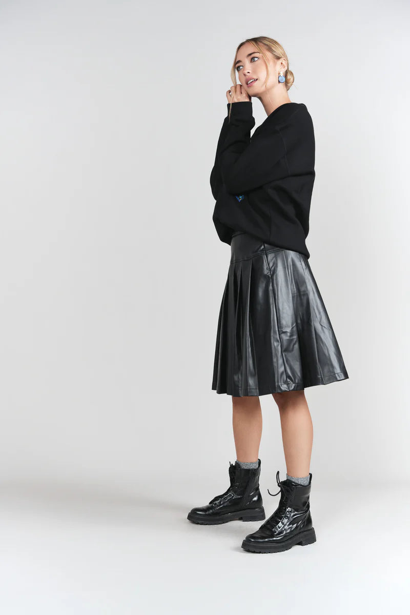 Drop Waist Leather Pleated Skirt- Black
