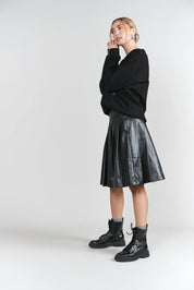 Drop Waist Leather Pleated Skirt- Black