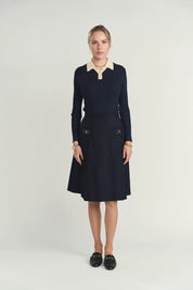 Wool Pleated Skirt- Navy