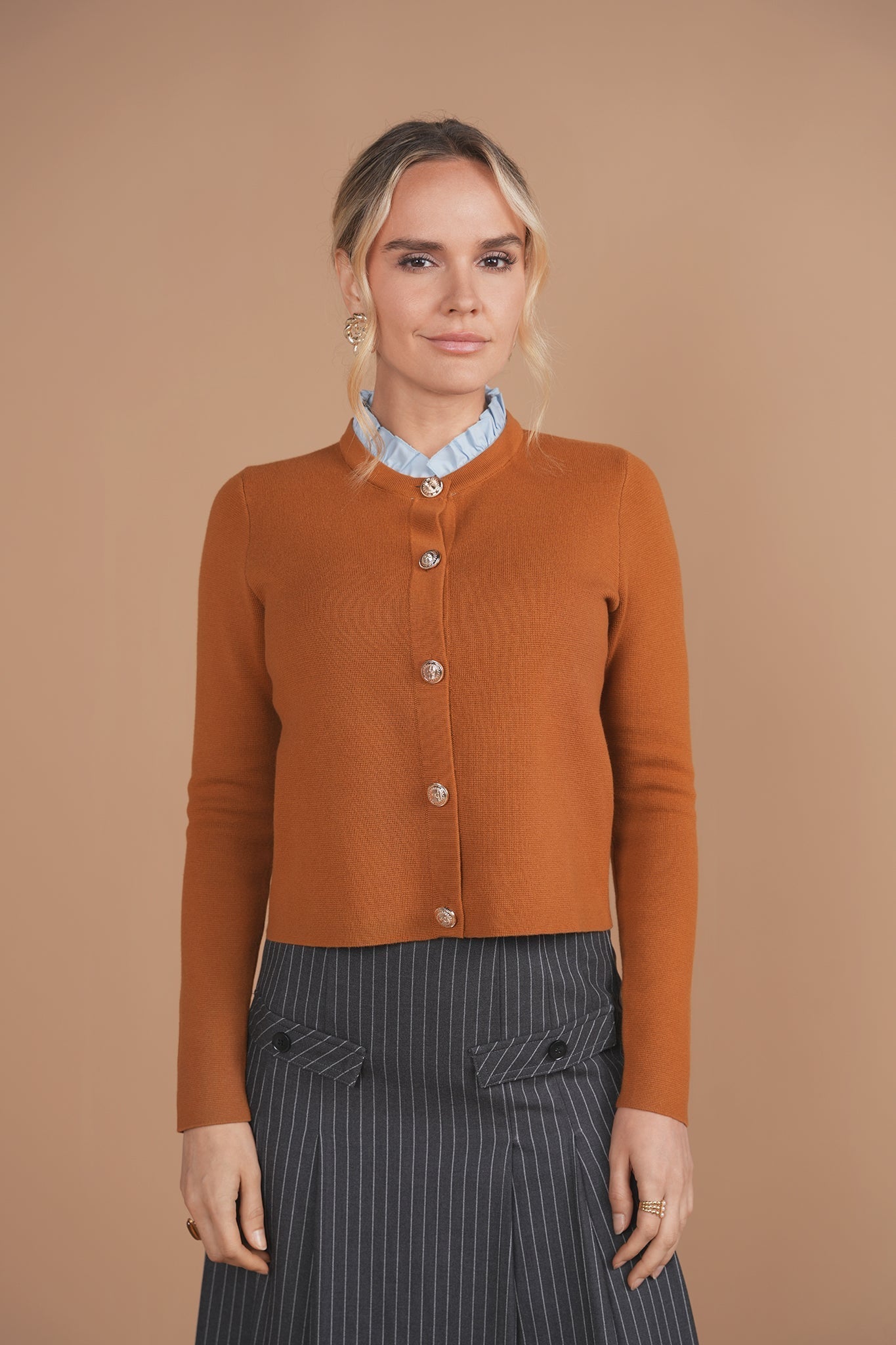 Bliss Ruffle Collar Sweater Tan/Navy