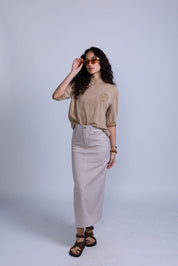 Tan Pinstripe Denim Skirt