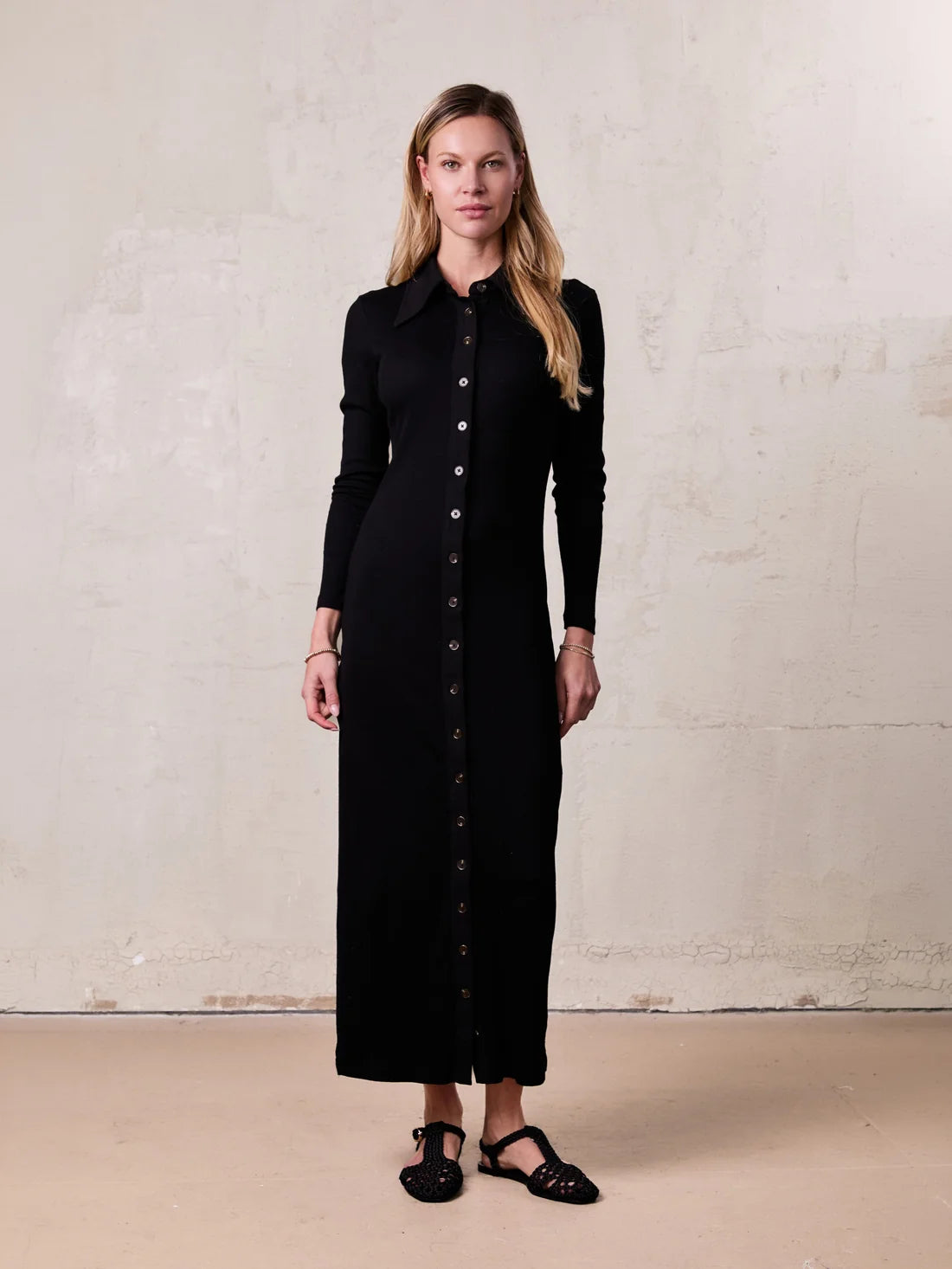 Button Down Ribbed Maxi Dress-Black