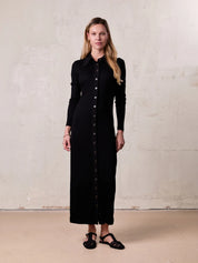 Button Down Ribbed Maxi Dress-Black