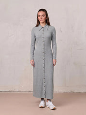 Button Down Ribbed Maxi Dress-Heathered Grey