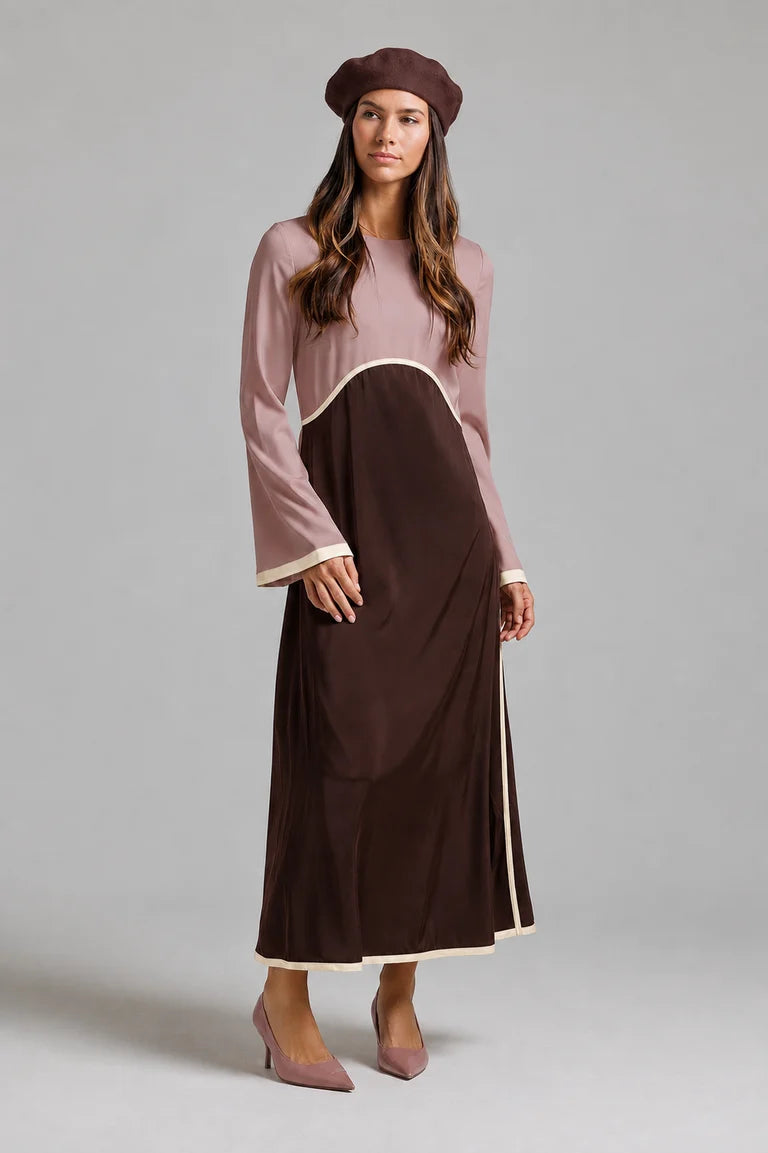 Two Tone Satin Maxi Dress - Brown & Pink