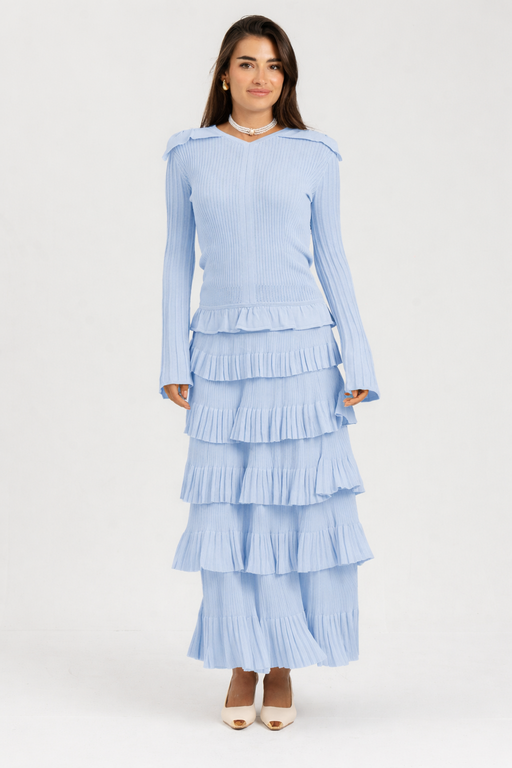 Thin Knit Ruffle Top Powder Blue