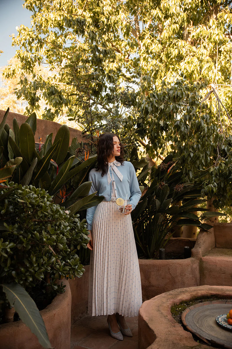 Bow Print Satin Pleat Dress with Neck Tie