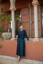 Double Breasted Fine Rib Cardigan With Ruffled Shirt Collar
