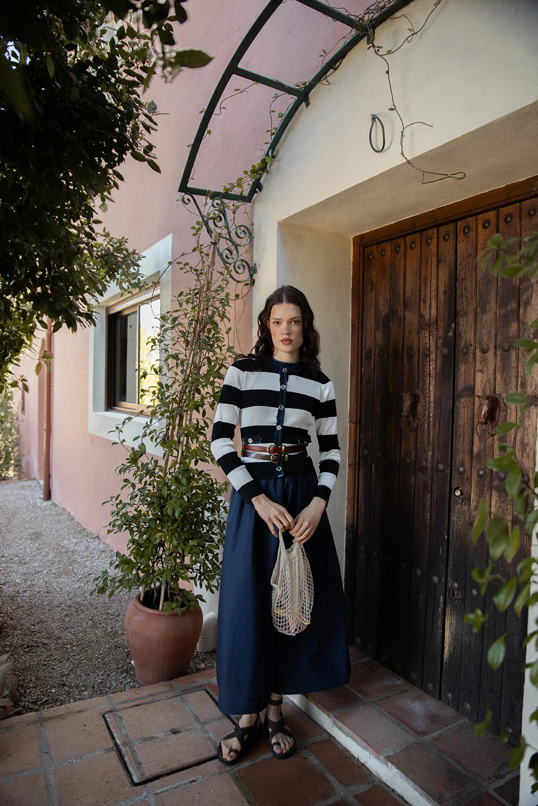 Wide Stripe Cardigan with Raw Denim Edges