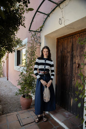 Wide Stripe Cardigan with Raw Denim Edges
