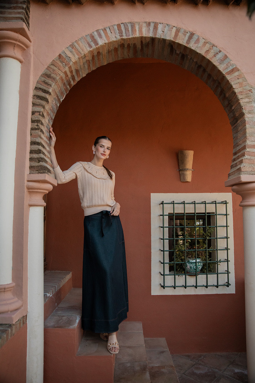 Textured Knit Top with Wide Anglaise Collar