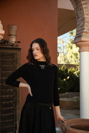 Fine Pointelle Knit Top with Neck Bow Appliques