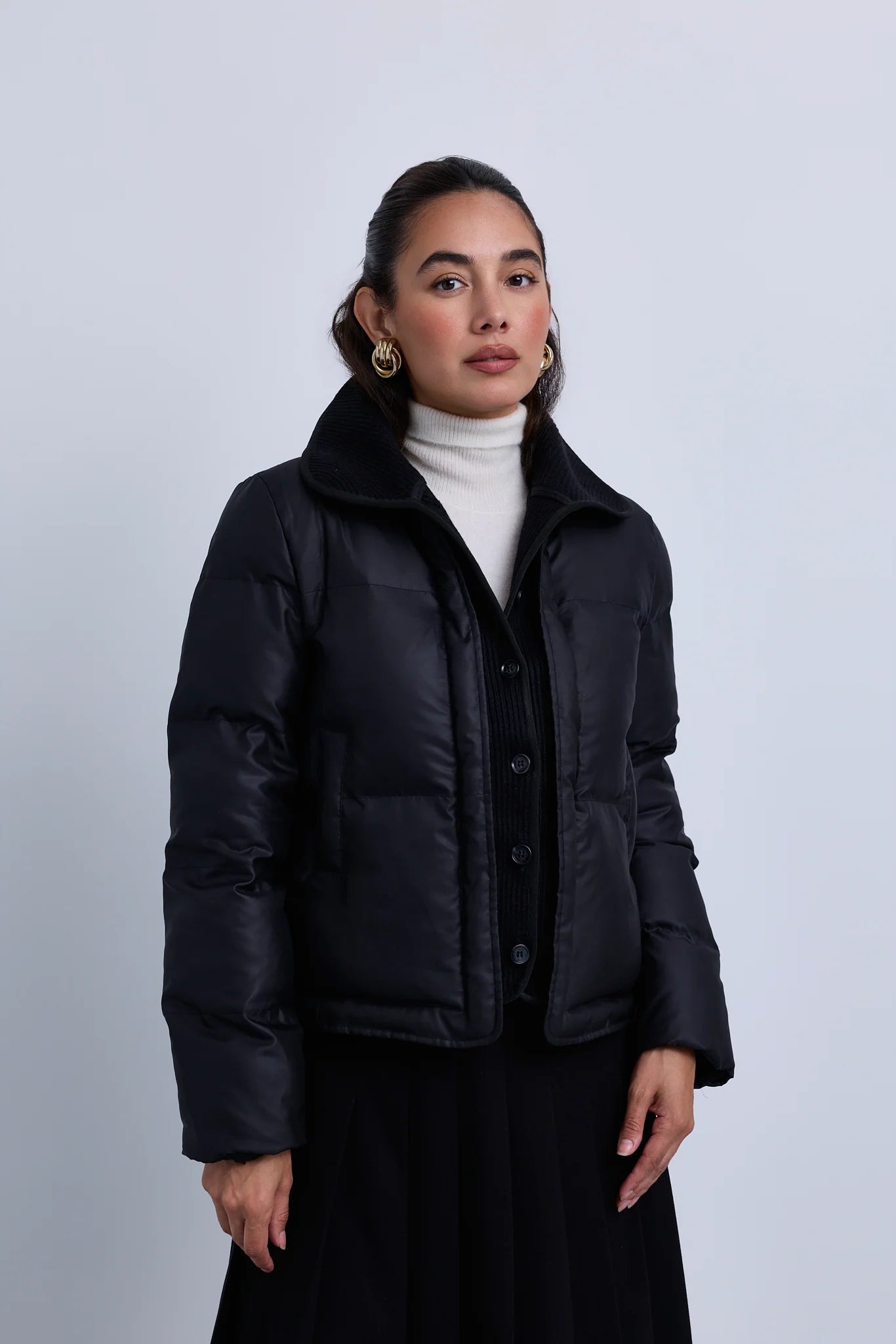 Puffer Jacket with Fold Over Ribbed Knit Collar and Front Panel- Black