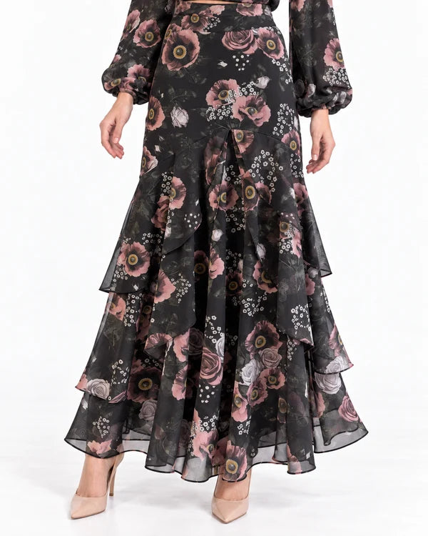 Jodi Skirt- Pink Flowers on Black