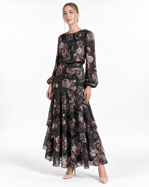 Jodi Skirt- Pink Flowers on Black