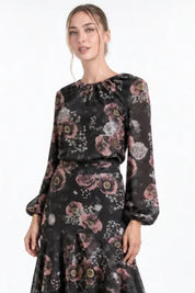 Debbie Top- Pink Flowers on Black