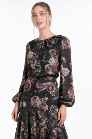 Debbie Top- Pink Flowers on Black