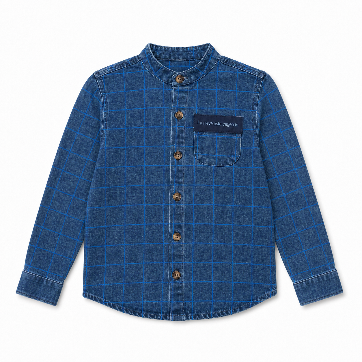 Printed Denim Mandarin Collar Shirt - Boys