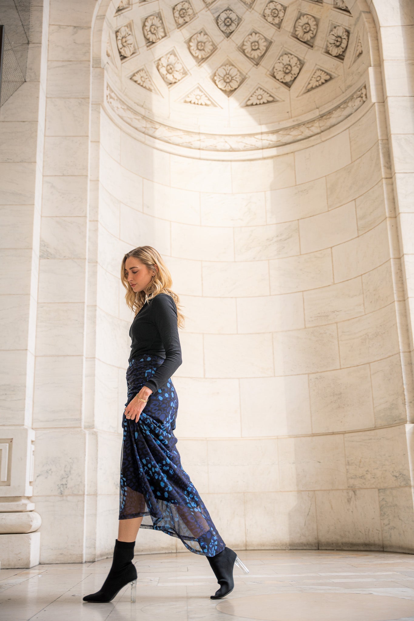 Ruched Front Skirt- Cobalt Leopard Mesh