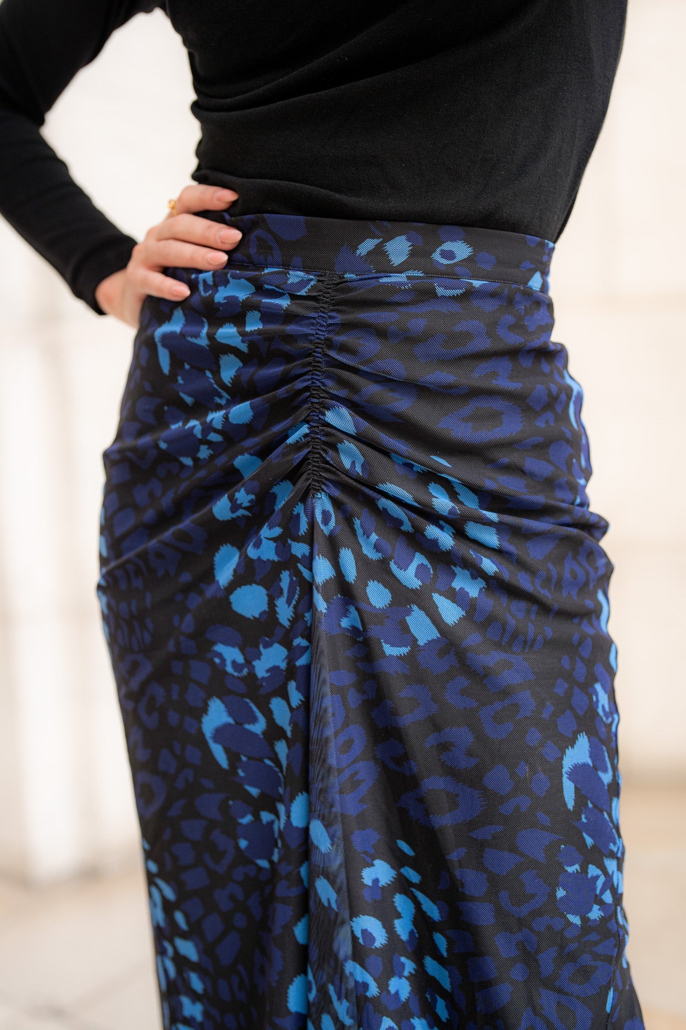 Ruched Front Skirt- Cobalt Leopard Mesh