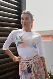 3/4 Sleeve Cotton Graphic Tee- Watercolor Beach
