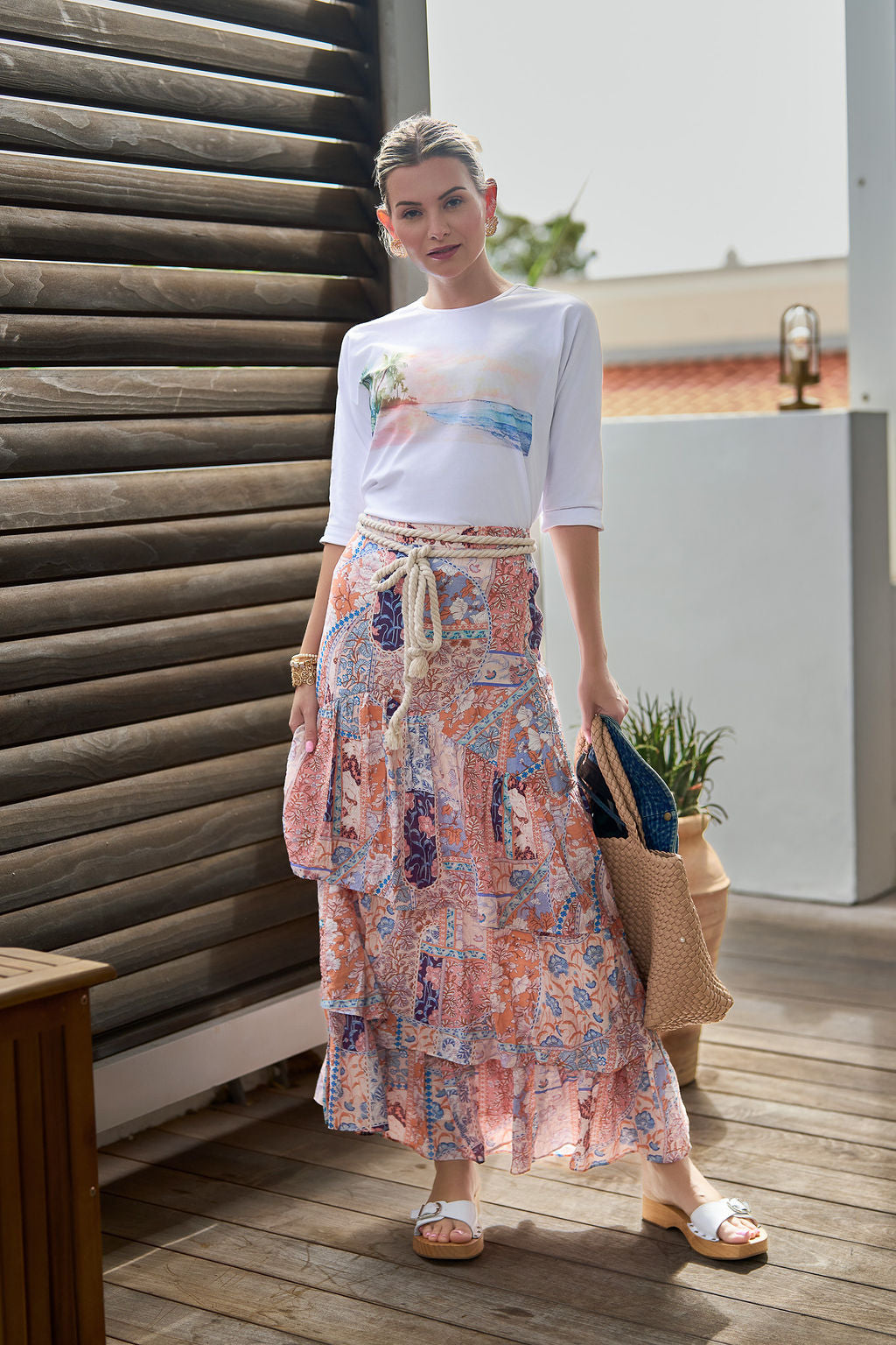 3/4 Sleeve Cotton Graphic Tee- Watercolor Beach