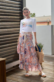 3/4 Sleeve Cotton Graphic Tee- Watercolor Beach