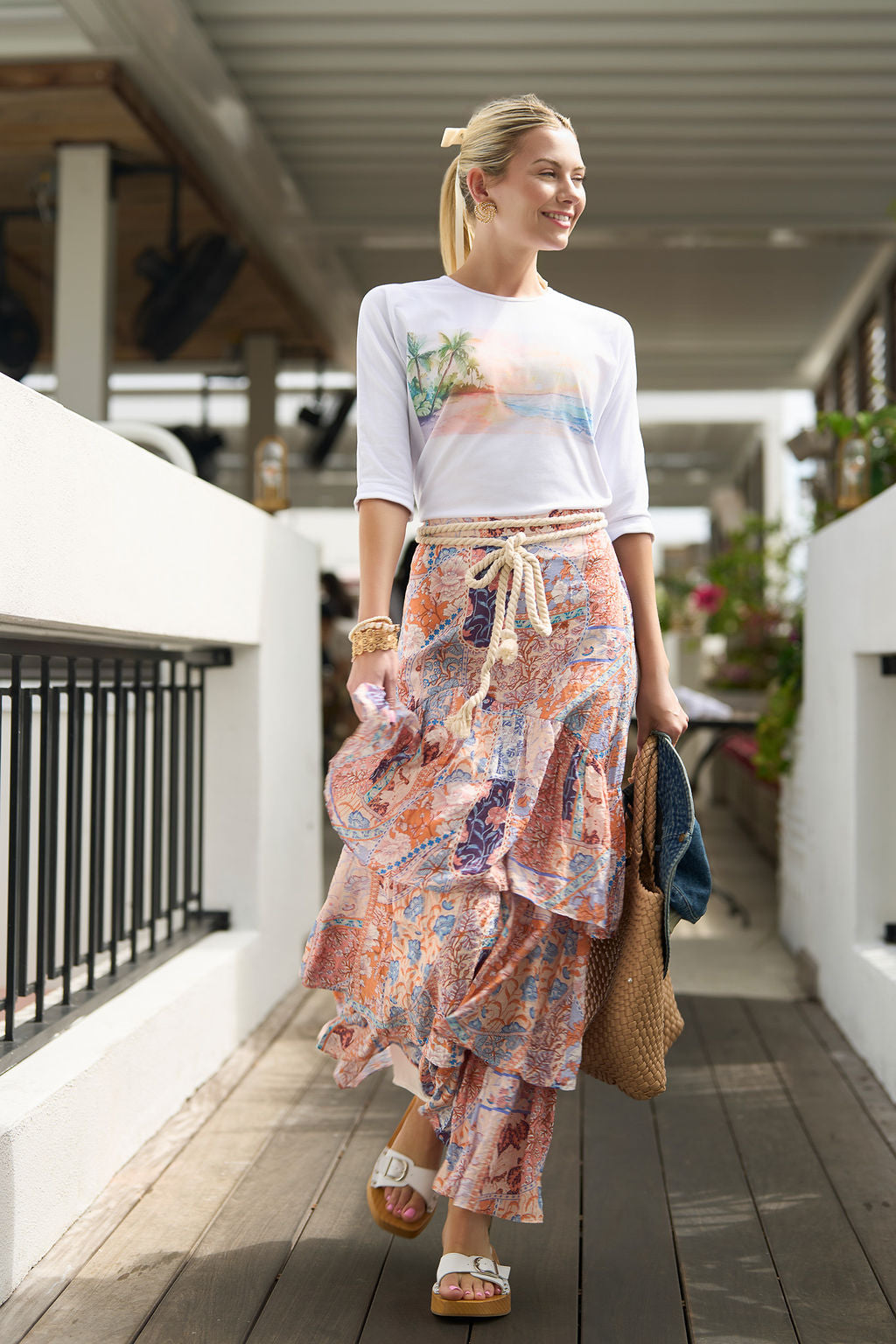 3/4 Sleeve Cotton Graphic Tee- Watercolor Beach