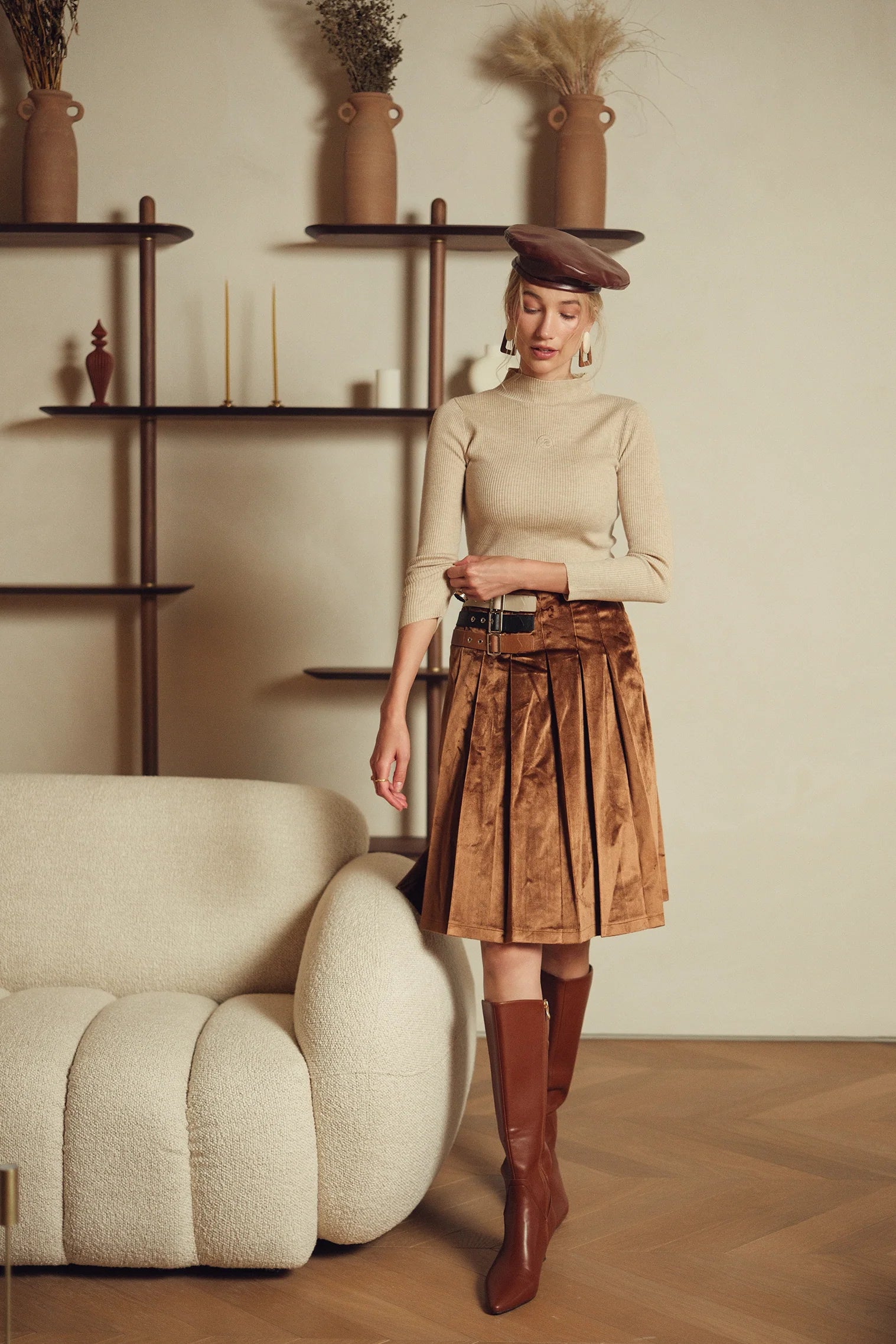 Bliss Triple Buckle Pleat Skirt Brown