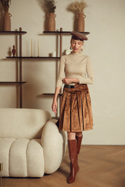 Bliss Triple Buckle Pleat Skirt Brown