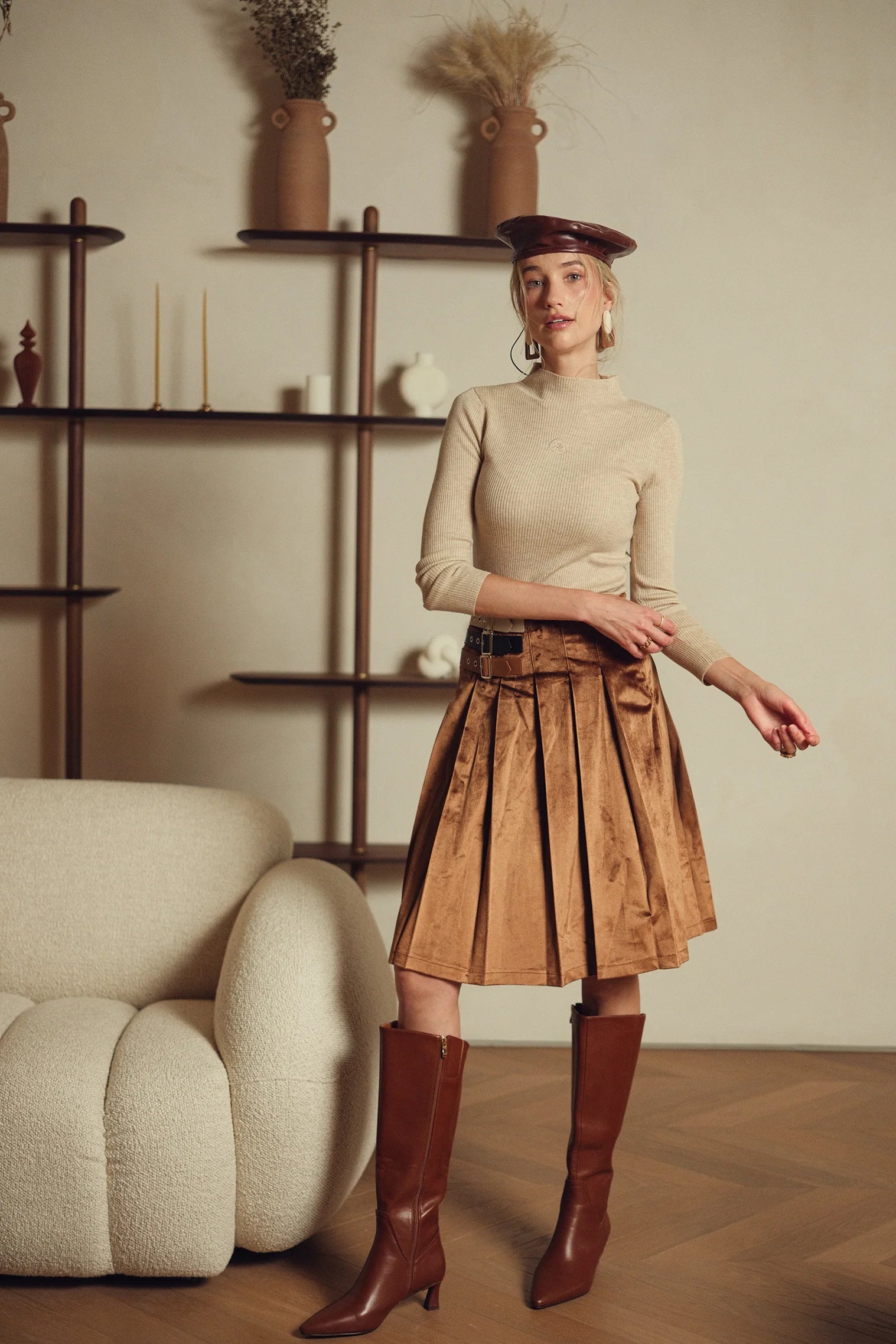Bliss Triple Buckle Pleat Skirt Brown
