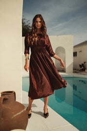 Bliss Satin Gathered Waist Dress Bronze
