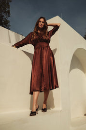 Bliss Satin Gathered Waist Dress Bronze