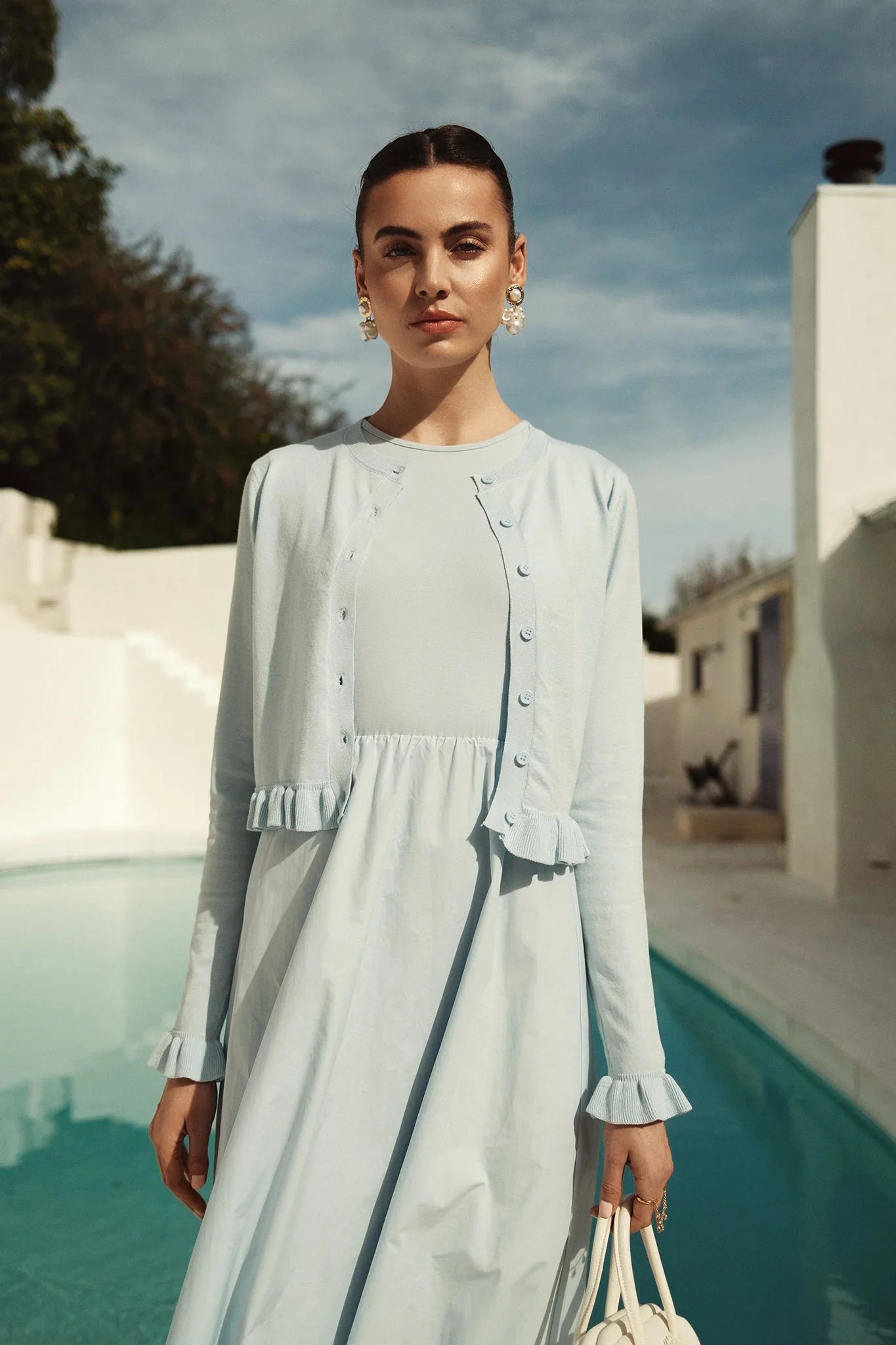 Bliss Ruffle Bottom Cropped Cardi Blue