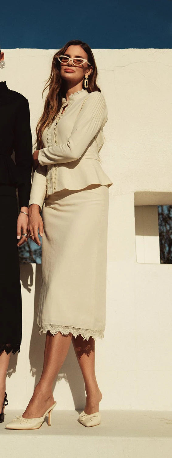 Bliss Linen Embroidered Hem Skirt Cream